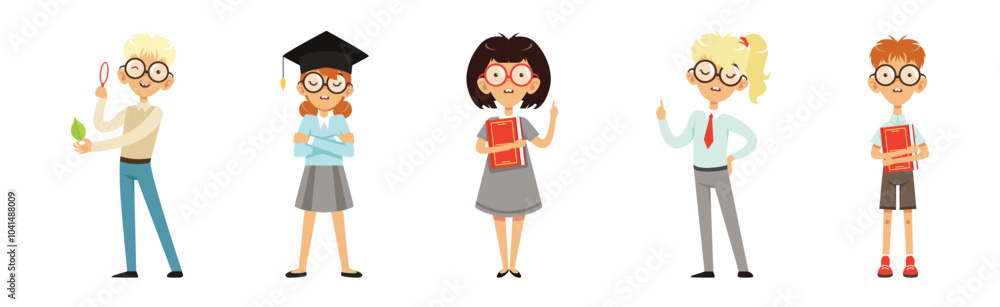 Smart Kid Nerd with Book in Glasses Vector Set Smart Kid Nerd with Book in Glasses Vector Set