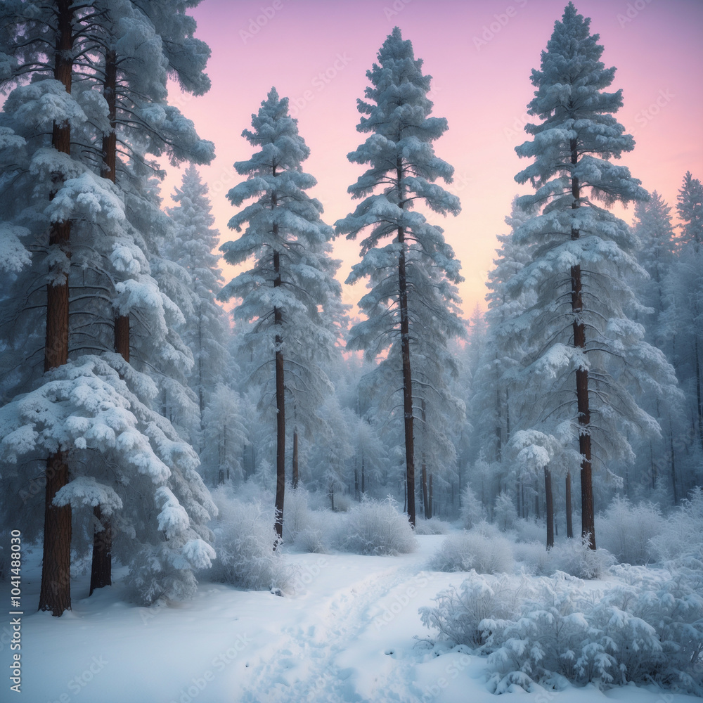 Obraz premium Snow-covered pine trees creating a serene winter landscape during a frosty evening