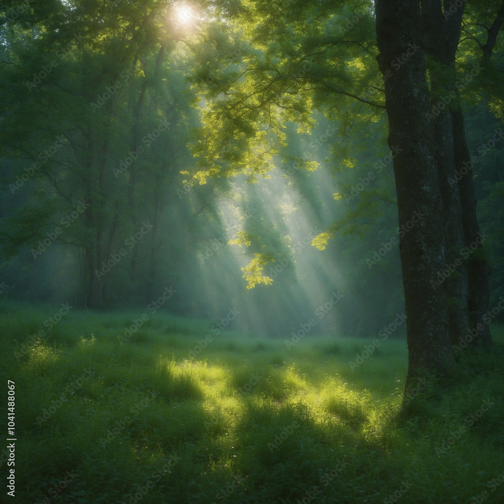 Naklejka premium A tranquil summer morning in a green forest with sunlight through the trees