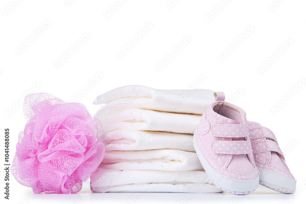 Baby diapers with pair of shoes and washcloth on white background