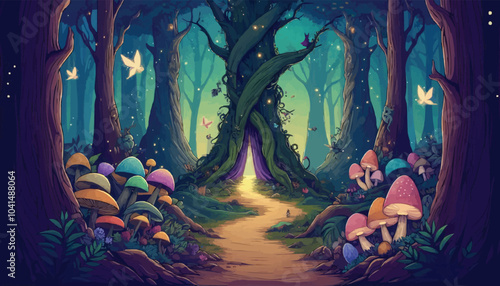 Mystical woodland with ancient trees lush vegetation and sparkling fairy lights background