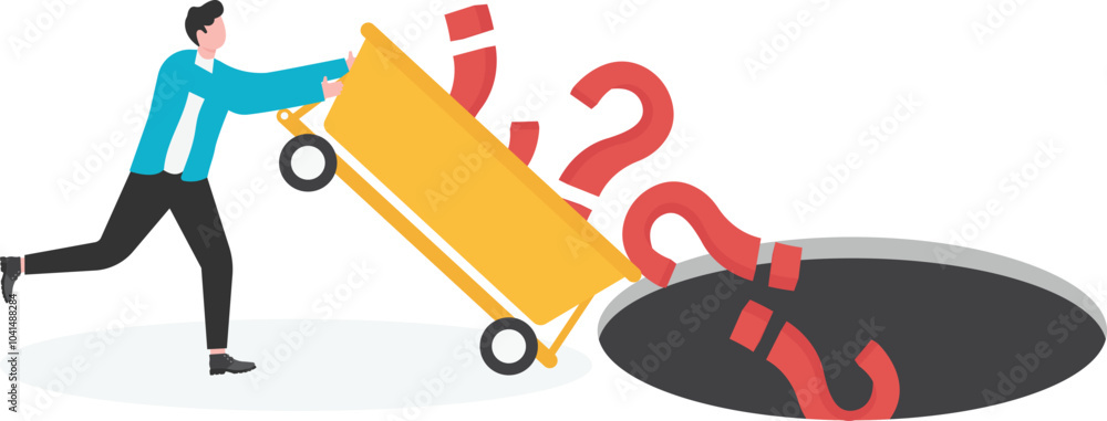 Businessman pushes question mark full of wheelbarrow into the cliff
Businessman pushes question mark full of wheelbarrow into the cliff