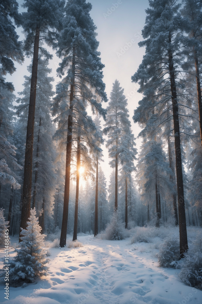 Snow-covered pine trees in a tranquil forest on a frosty evening at sunset Snow-covered pine trees in a tranquil forest on a frosty evening at sunset