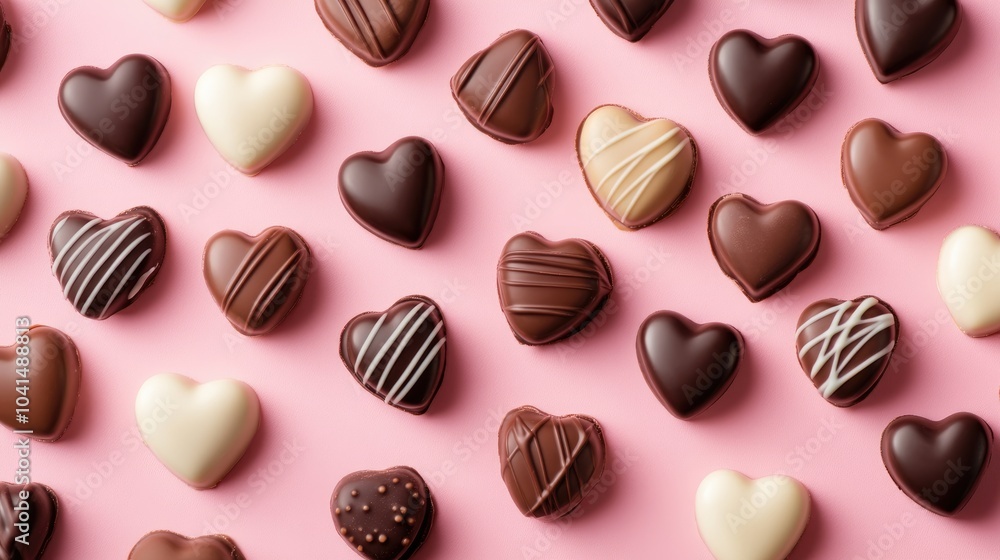 Fototapeta premium Heart shaped chocolates arranged on a soft pink backdrop