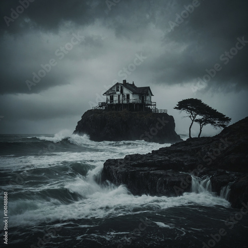 A solitary house stands atop a rocky cliff during a turbulent stormy seascape at dusk