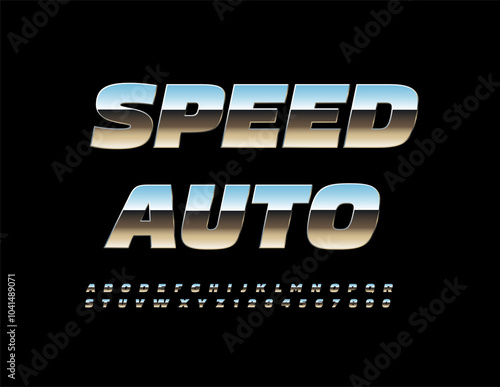 Vector industrial logo Speed Auto. Reflective Metallic Font. Digital Silver Letters and Numbers set.