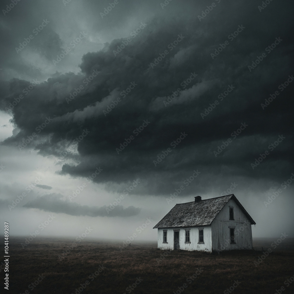 Fototapeta premium A solitary white house stands beneath dark storm clouds in a desolate landscape