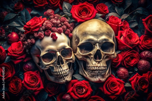 Two Skulls Surrounded by Red Roses in Fashion Photography with Dark Elegance, Gothic Aesthetic, and Floral Romance for Stunning Visual Impact and Artistic Imagery