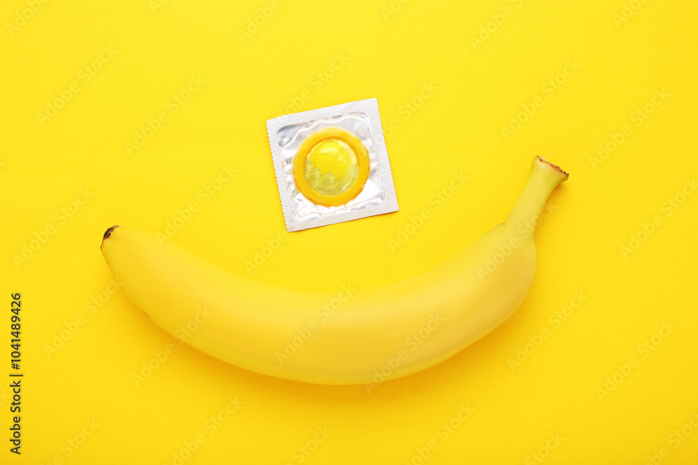 Banana with condom on yellow background