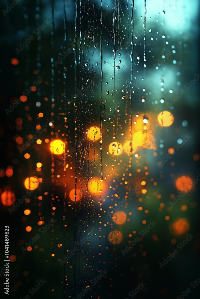 Rain droplets on a window with blurred city lights in the background, creating a nostalgic and melancholic mood with warm and cool tones. Rain droplets on a window with blurred city lights in the background, creating a nostalgic and melancholic mood with warm and cool tones.