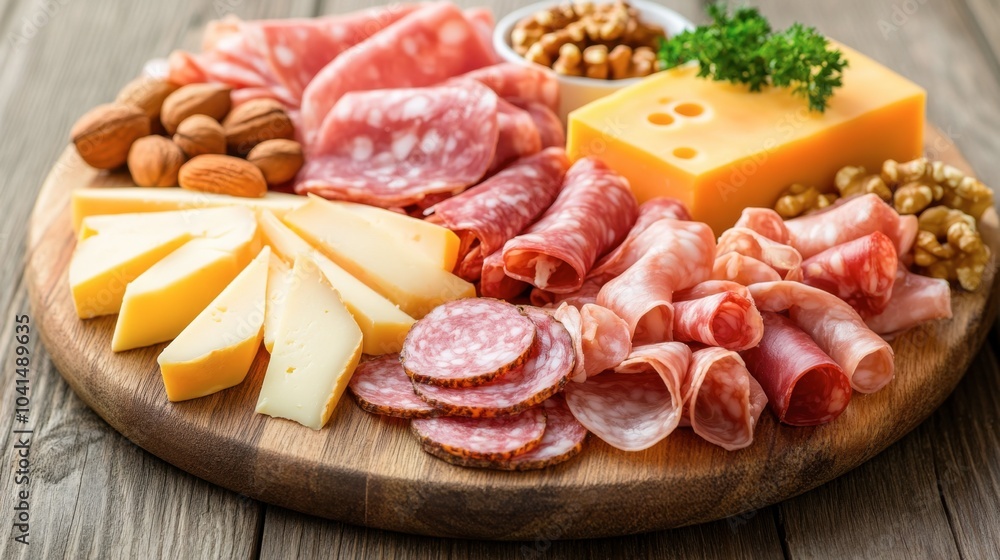 Assorted Meat and Cheese Platter on Wooden Board