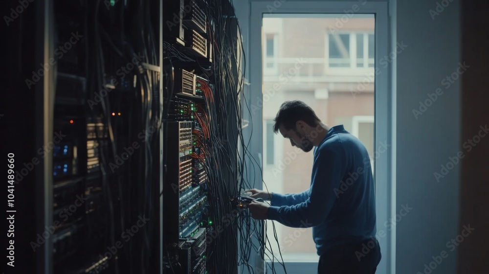 A Technician in modern office maintaining network server, surrounded by cables and routers, showcasing focus and professionalism in IT infrastructure management. A Technician in modern office maintaining network server, surrounded by cables and routers, showcasing focus and professionalism in IT infrastructure management.