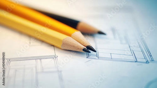 Close-up of yellow and black pencils on architectural blueprints, suggesting design work.