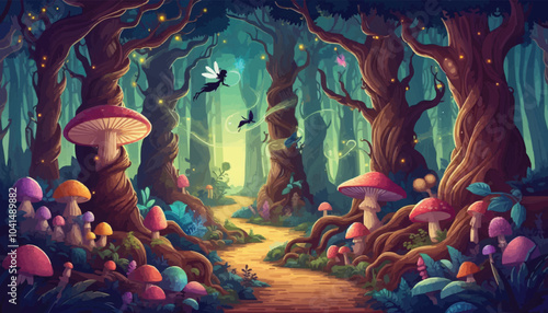 Mystical woodland with ancient trees lush vegetation and sparkling fairy lights background