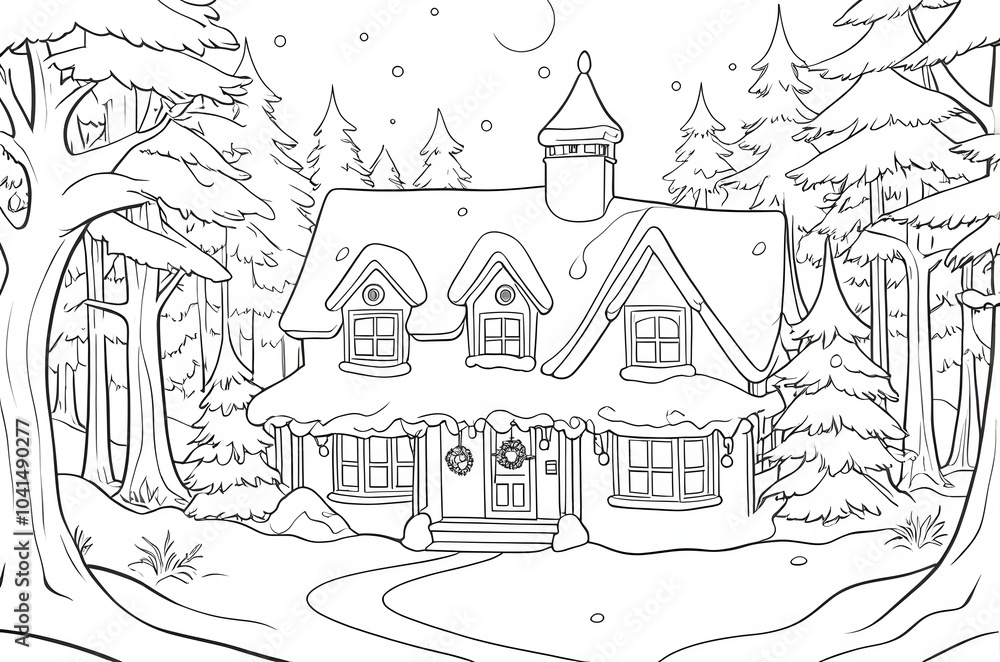 Naklejka premium Coloring page with a house in the winter forest with a Christmas tree