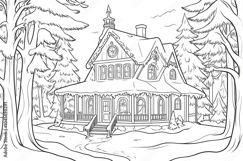 Coloring page with a house in the winter forest with a Christmas tree Coloring page with a house in the winter forest with a Christmas tree