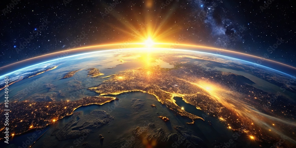 A Celestial Dawn Illuminates the Earth's Coastline, Bathed in the Warm Glow of Rising Sun A Celestial Dawn Illuminates the Earth's Coastline, Bathed in the Warm Glow of Rising Sun