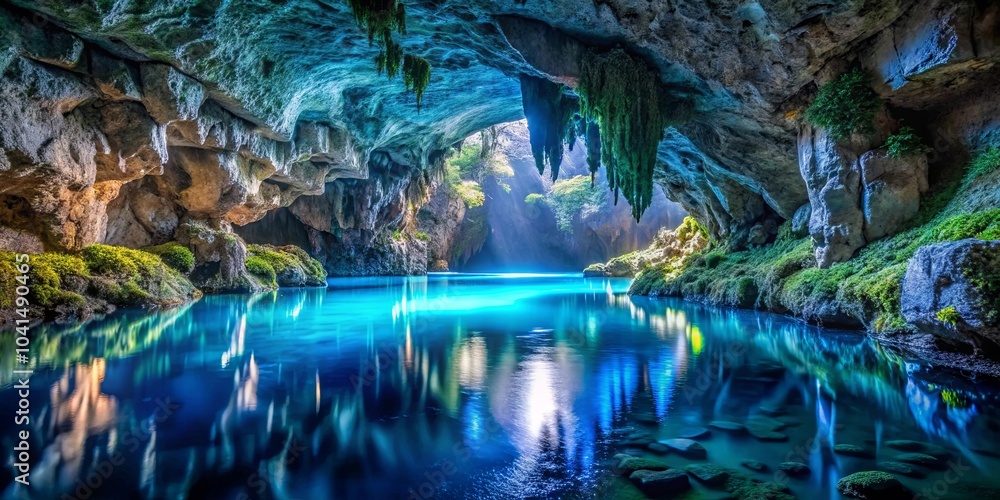 Fototapeta premium Sunlight Illuminates the Tranquil Depths of a Moss-Covered Cave, Creating a Serene Reflection in the Crystal-Clear Water