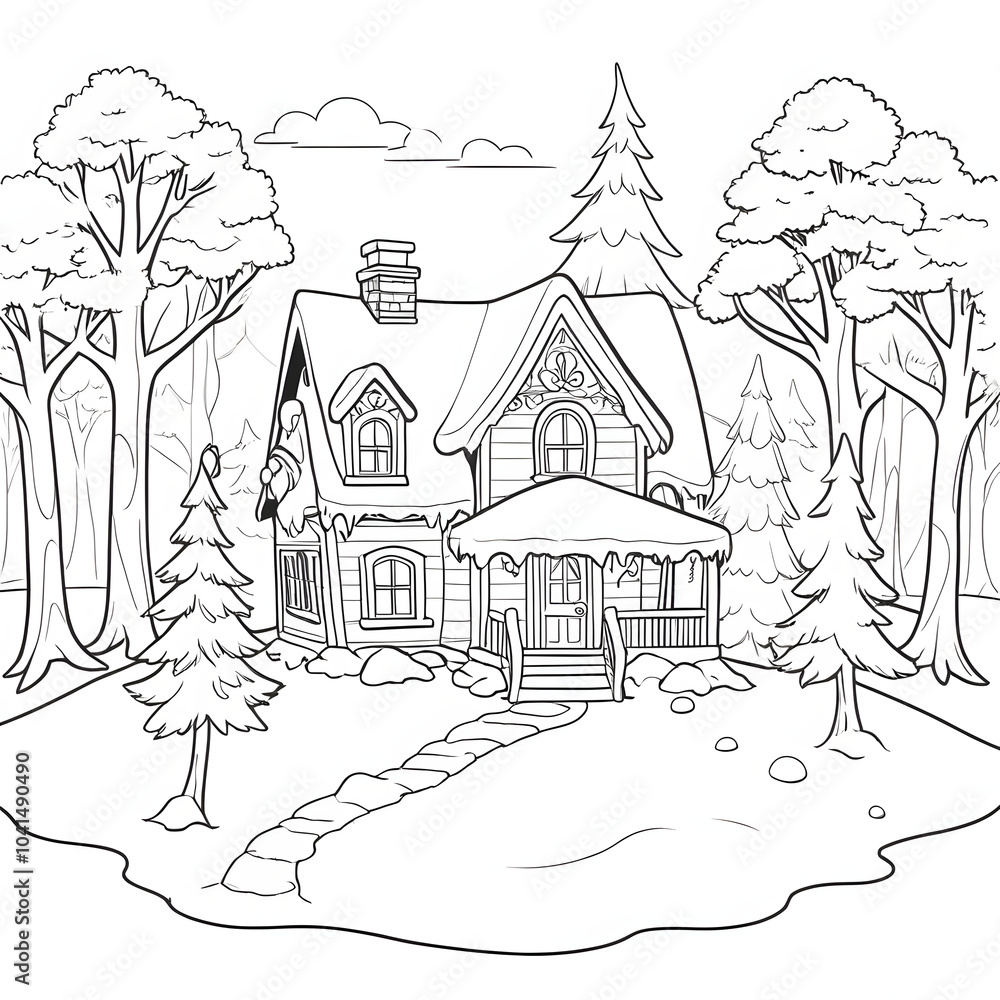 Coloring page with a house in the winter forest with a Christmas tree Coloring page with a house in the winter forest with a Christmas tree