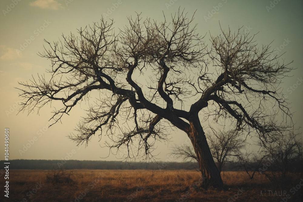 A solitary bare tree in a vast field during the late afternoon light A solitary bare tree in a vast field during the late afternoon light
