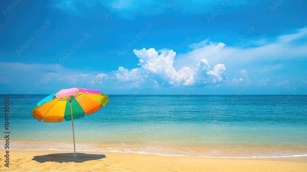A vibrant beach umbrella rests on the sandy shoreline overlooking a calm ocean beneath a clear blue sky A vibrant beach umbrella rests on the sandy shoreline overlooking a calm ocean beneath a clear blue sky