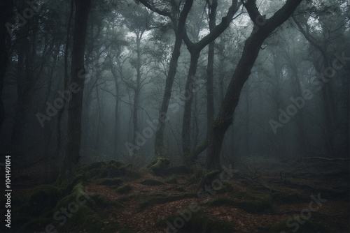 Thick fog cloaks a dark forest, obscuring the path