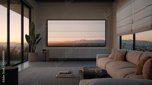 Stunning interior landscape modern living room with panoramic views and elegant decor at sunset