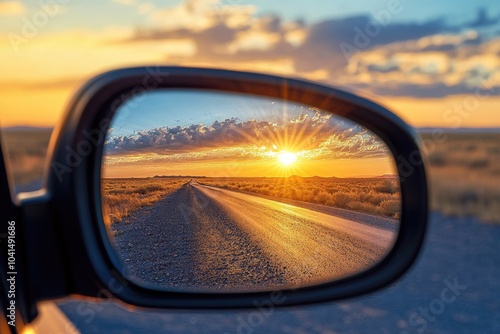 Sunset reflected in car mirror. The image showcases a picturesque view of a long road leading towards a breathtaking sunset, symbolizing a journey towards hope and new beginnings.