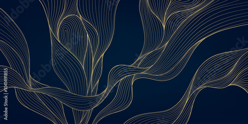 Vector gold on black line pattern, wave texture design, premium curve banner. Glitter ornament illustration, premium japanese background.