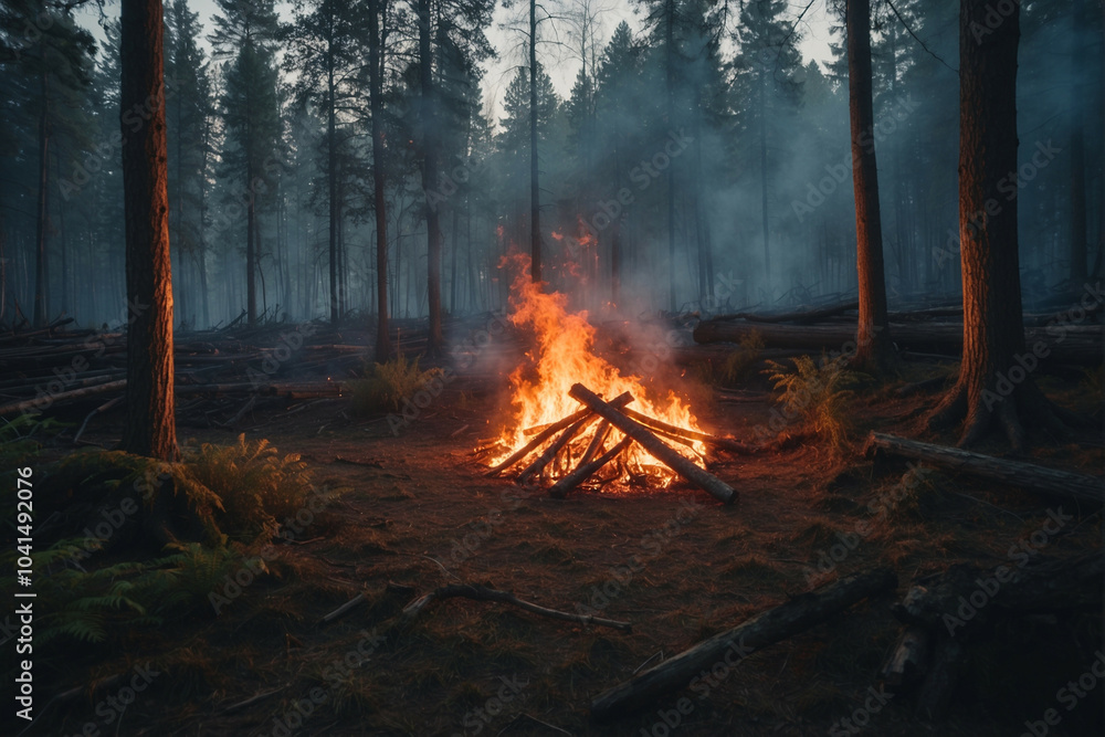 A campfire burns in a dense forest at dusk A campfire burns in a dense forest at dusk