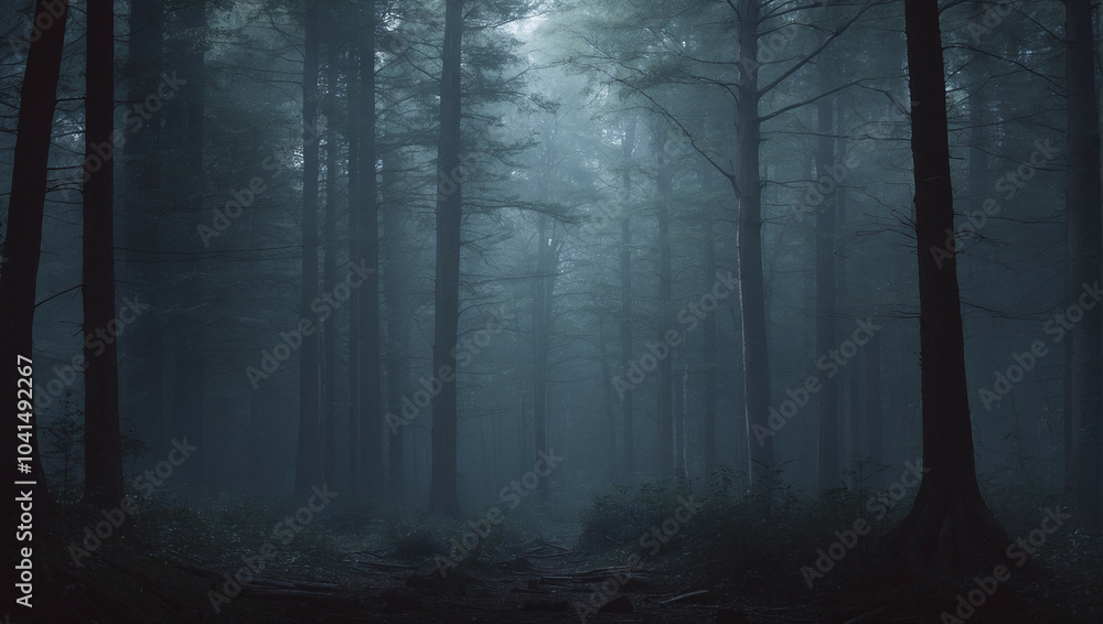 Fototapeta premium Mysterious dark forest with dense fog and towering trees during twilight hours