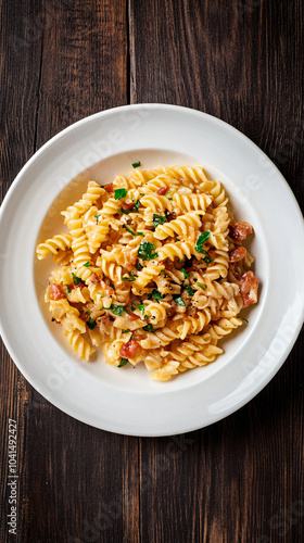 Delicious pasta dish with bacon and herbs served on white plate standing on wooden table