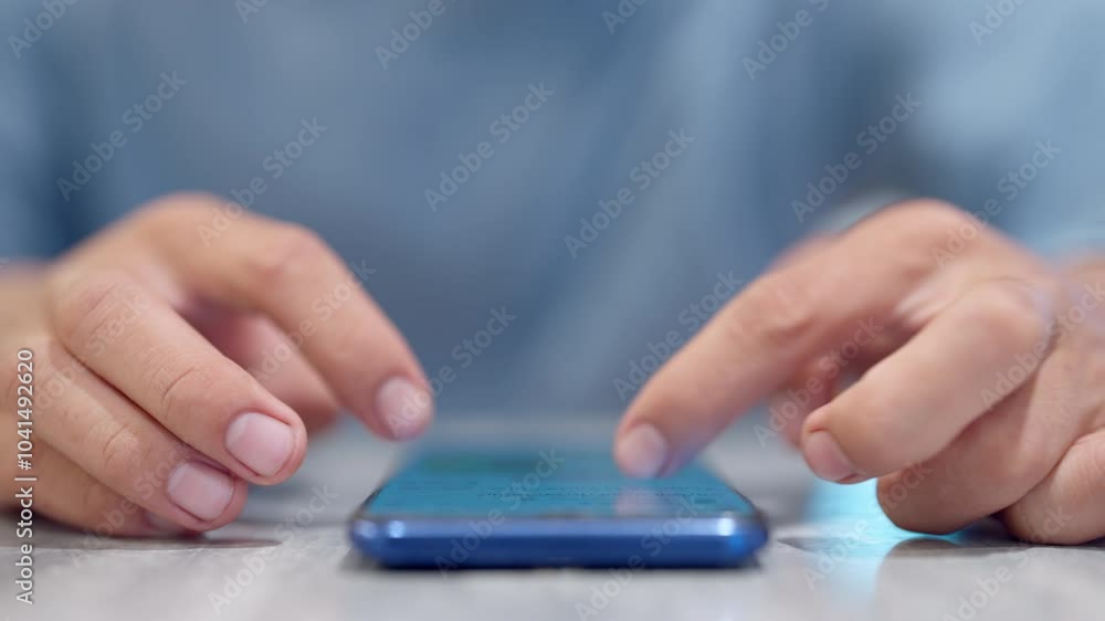 A person is using a cell phone with their thumb and index finger. The phone is blue and is on a table A person is using a cell phone with their thumb and index finger. The phone is blue and is on a table