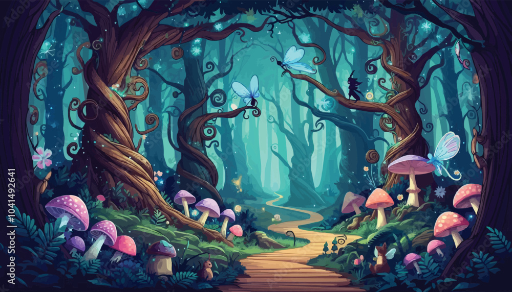 Mystical woodland with ancient trees lush vegetation and sparkling fairy lights background Mystical woodland with ancient trees lush vegetation and sparkling fairy lights background