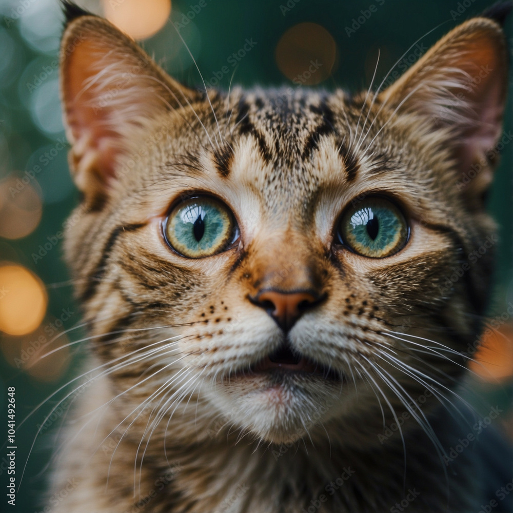 Surprised cat gazes wide-eyed at festive lights during a close-up shot Surprised cat gazes wide-eyed at festive lights during a close-up shot