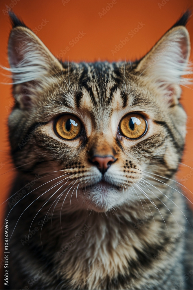 Surprised cat with big eyes gazing curiously at the camera against an orange background Surprised cat with big eyes gazing curiously at the camera against an orange background