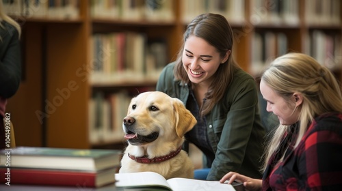 A person with a service dog in a library