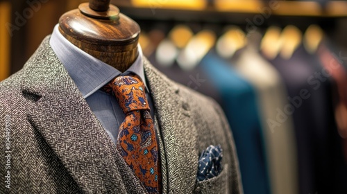 Close up of a tailored suit and tie display in a men s clothing store representing the essence of professional sophistication photo