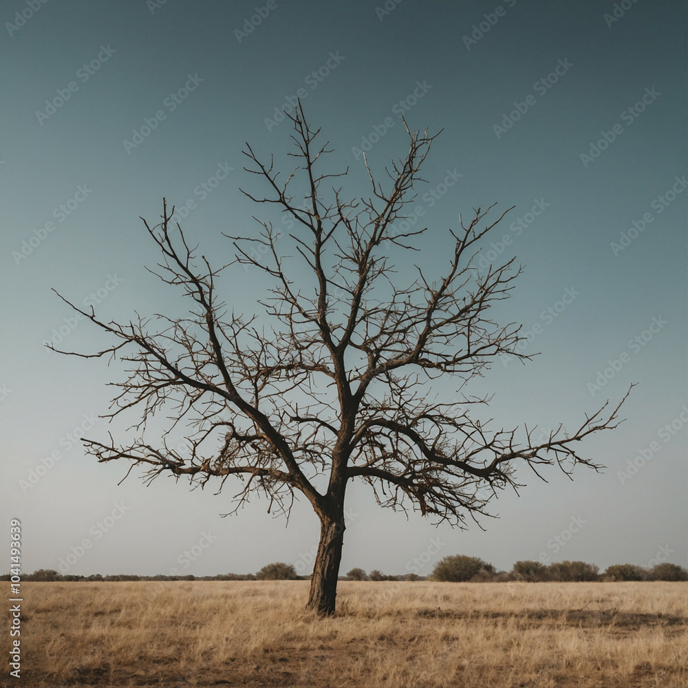 A solitary tree in a vast, barren landscape under a clear sky A solitary tree in a vast, barren landscape under a clear sky