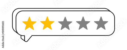 Hand drawn cute cartoon illustration of speech bubble with two rating stars. Flat vector customer acceptable feedback doodle. Online review sticker. Client satisfaction. Average quality. Isolated.