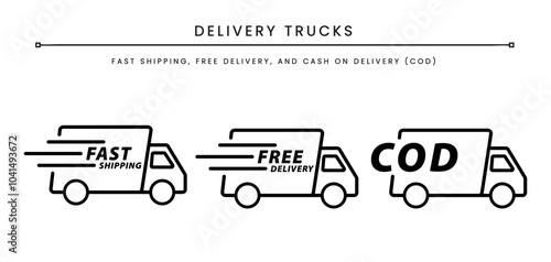 Line Icons of Delivery Trucks for Fast Shipping, Free Delivery, and Cash on Delivery (COD) - Perfect for E-commerce, Logistics, and Online Shopping Interface Design