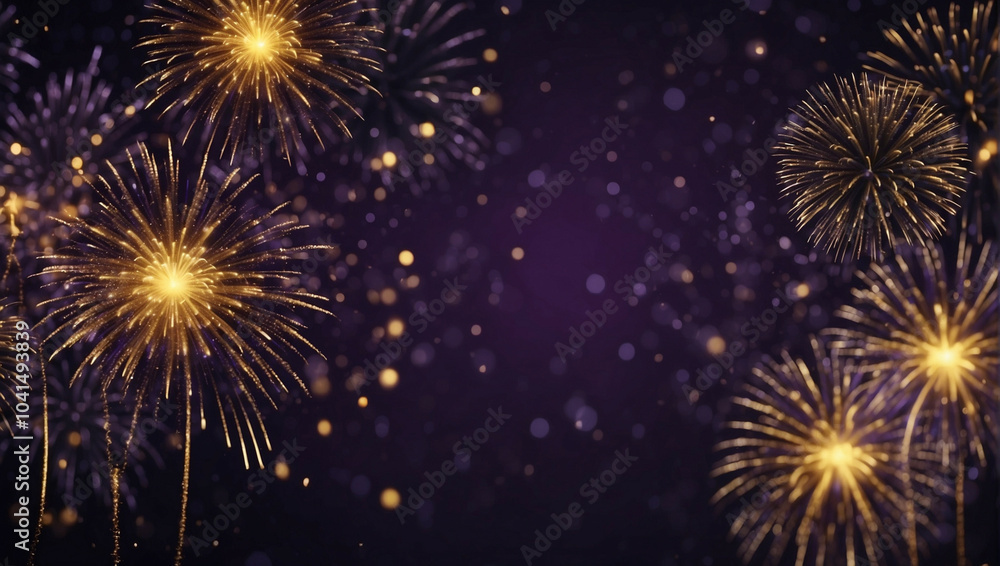 Vibrant gold and violet fireworks illuminate the sky during New Year's celebration Vibrant gold and violet fireworks illuminate the sky during New Year's celebration