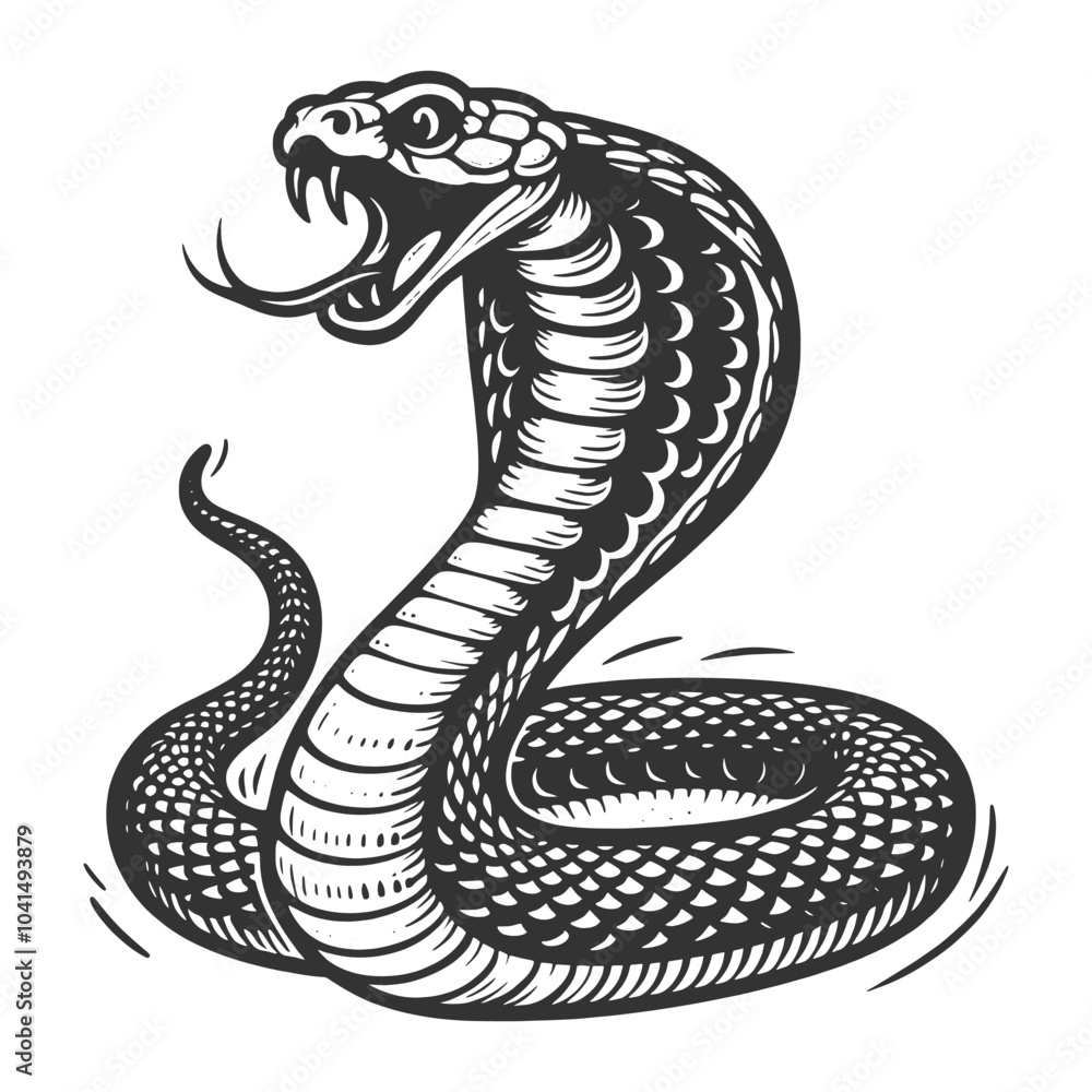 Fototapeta premium coiled cobra with its hood flared, showcasing classic artistic style and intricate line work sketch engraving generative ai vector illustration. Scratch board imitation. Black and white image.