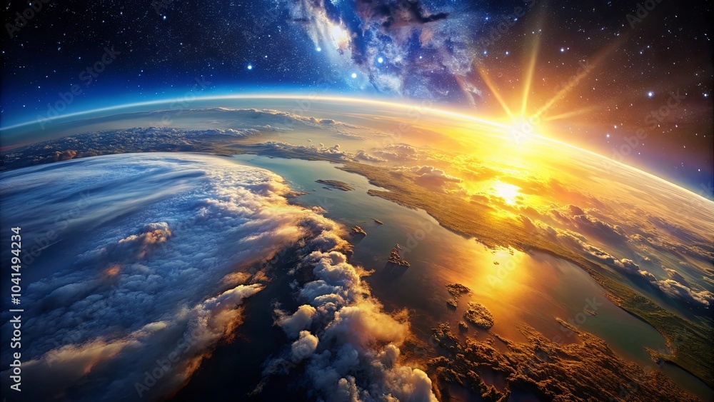 A celestial sunrise over a planet with swirling clouds, casting a golden glow on the land and sea below. A celestial sunrise over a planet with swirling clouds, casting a golden glow on the land and sea below.