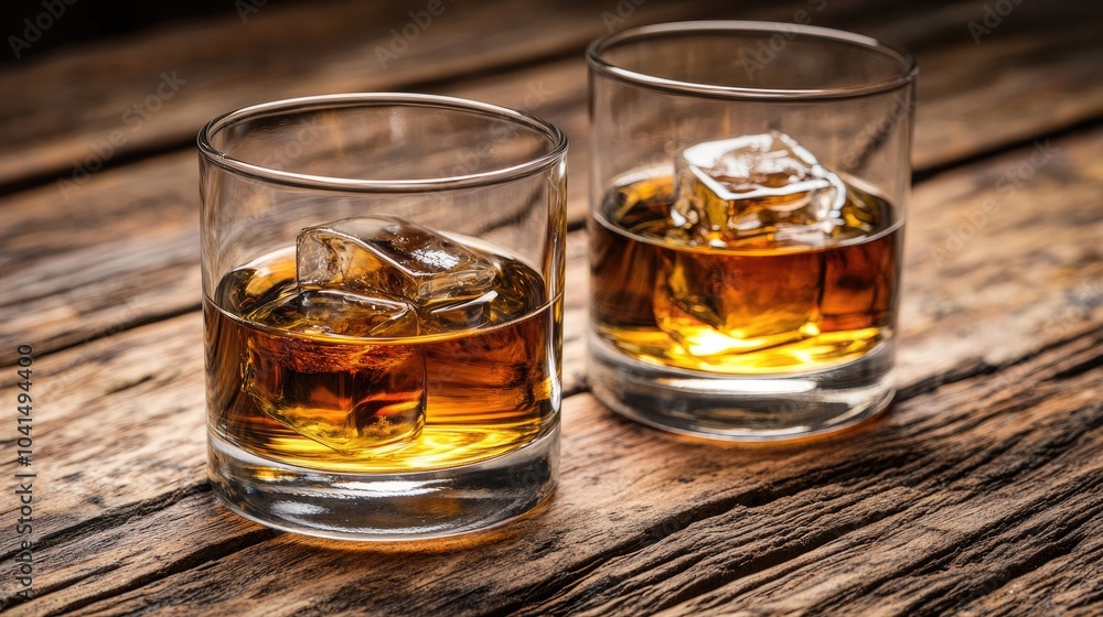 Whiskey on the rocks in glasses resting on a textured wooden surface Aged spirit from traditional barrels Whiskey on the rocks in glasses resting on a textured wooden surface Aged spirit from traditional barrels