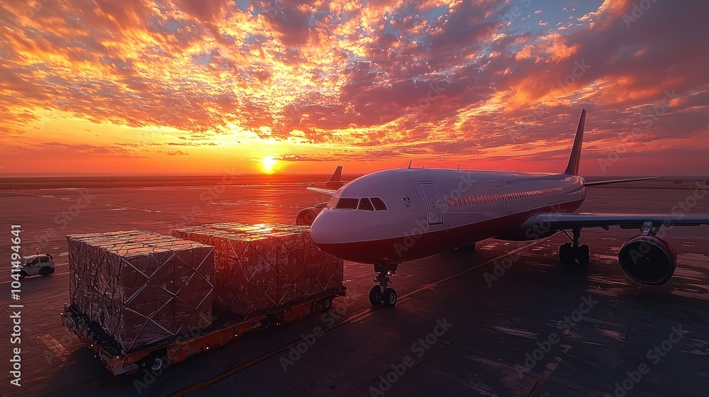 Airplane on tarmac with cargo trailer at sunset Airplane on tarmac with cargo trailer at sunset