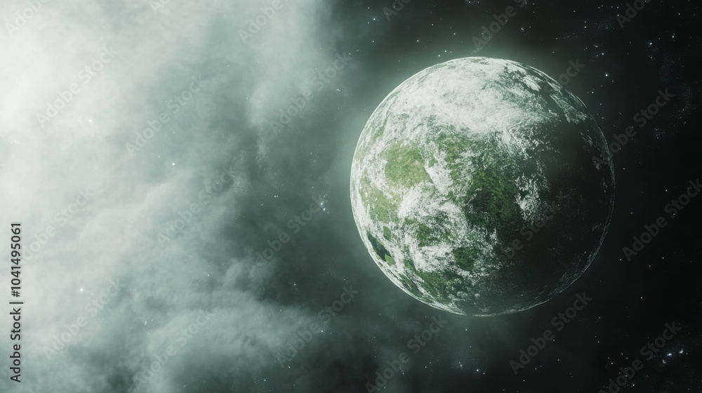 Green Planet Surrounded by Cosmic Clouds in Space Green Planet Surrounded by Cosmic Clouds in Space
