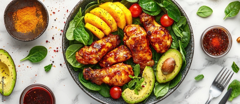 From Above Fried Chicken And Sliced Mango Placed Near Cherry Tomatoes And Half Of Avocado On Spinach Leaves And Onion On Marble Table Near Utensils And Sauces With Spices From Above Fried Chicken And Sliced Mango Placed Near Cherry Tomatoes And Half Of Avocado On Spinach Leaves And Onion On Marble Table Near Utensils And Sauces With Spices