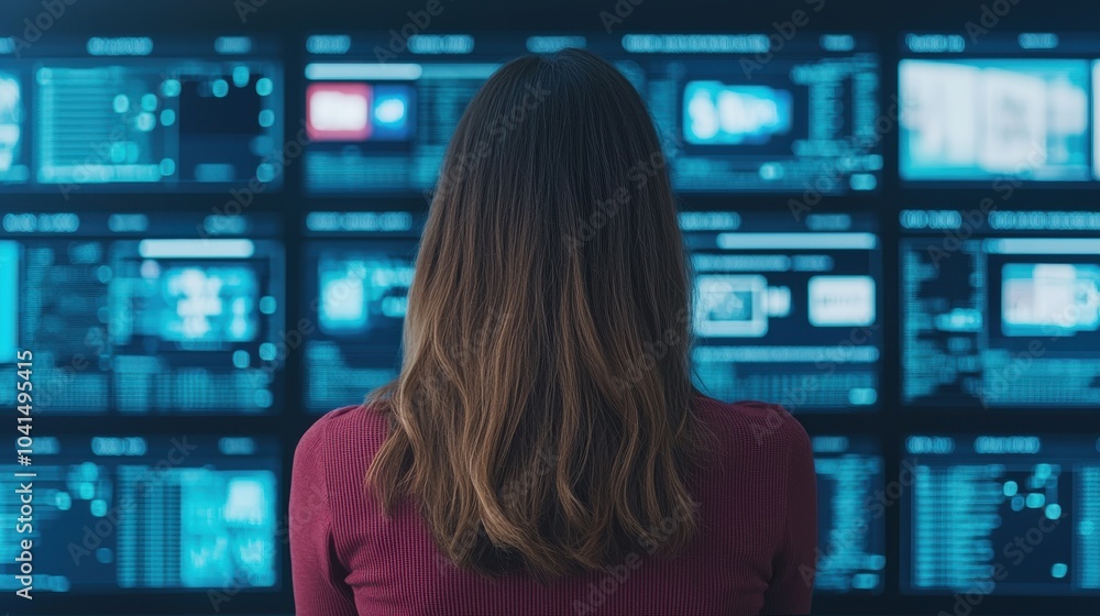 A person observes multiple screens displaying digital data and information, suggesting a focus on technology, analysis, or monitoring. A person observes multiple screens displaying digital data and information, suggesting a focus on technology, analysis, or monitoring.