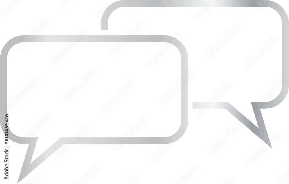 Naklejka premium Two overlapping rectangular 16x9 aspect ratio silver metallic speech bubbles, rounded corners. Blank outline dialogue boxes with sharp, downward-pointing triangular tails on transparent background.